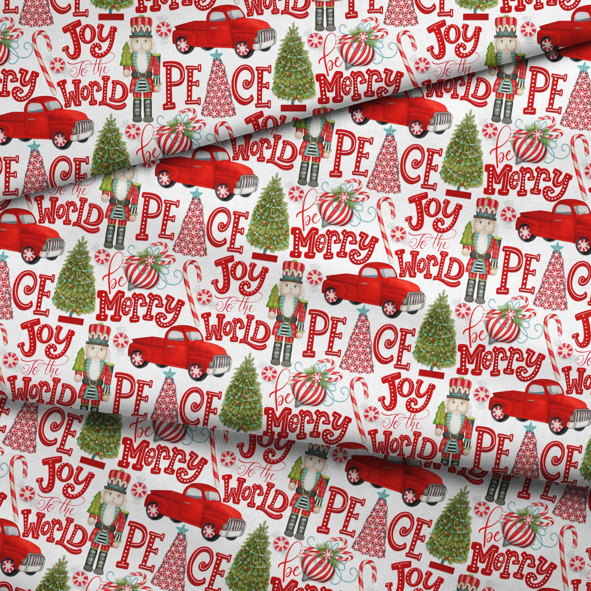 Holiday pattern featuring red trucks, nutcrackers, candy canes, Christmas trees, and festive lettering on a white background by Nicole Tamarin. fabric fold mockup