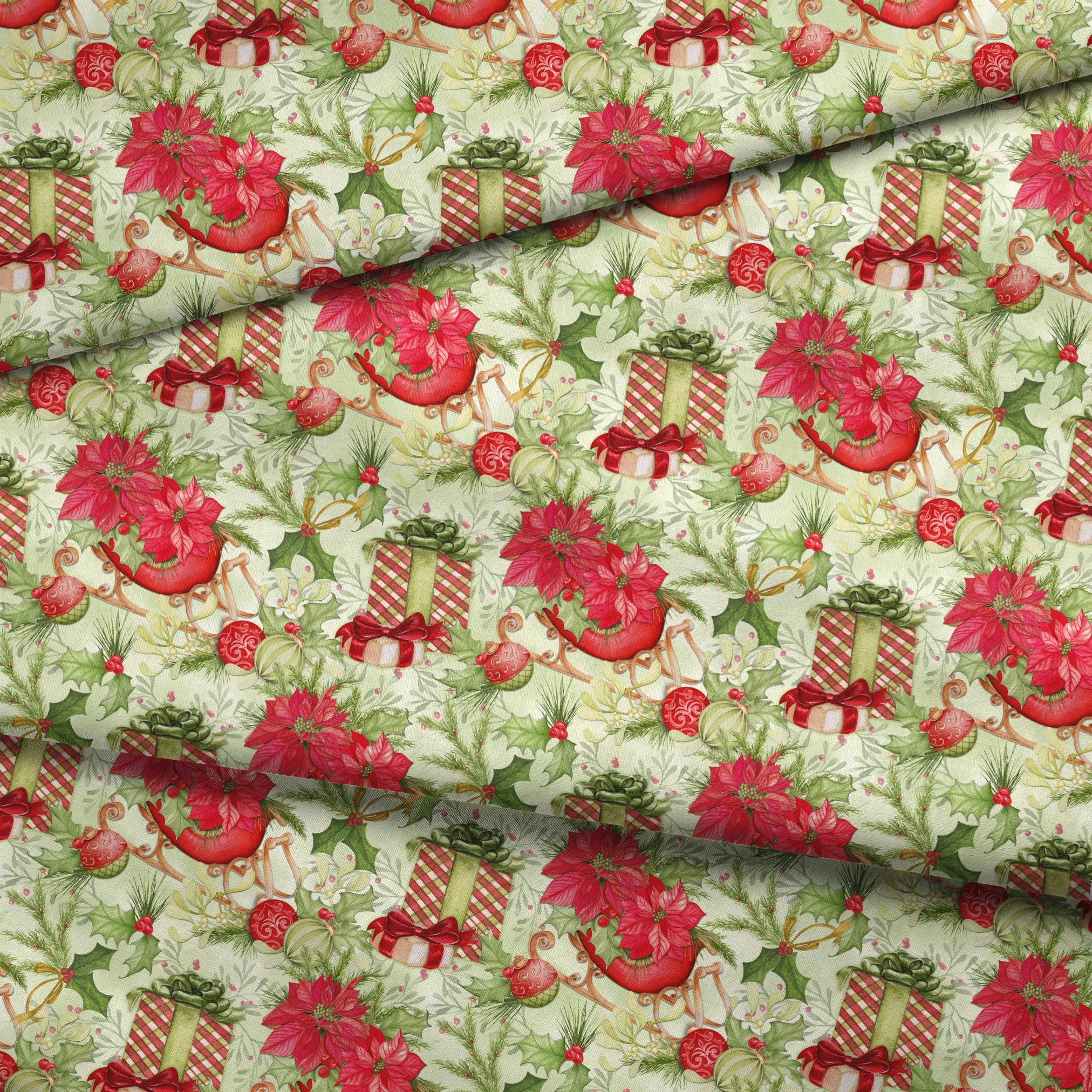 Christmas pattern with red poinsettias, vintage sleighs, wrapped gifts, holiday ornaments, and greenery in a festive toss by Nicole Tamarin. fabric fold mockup