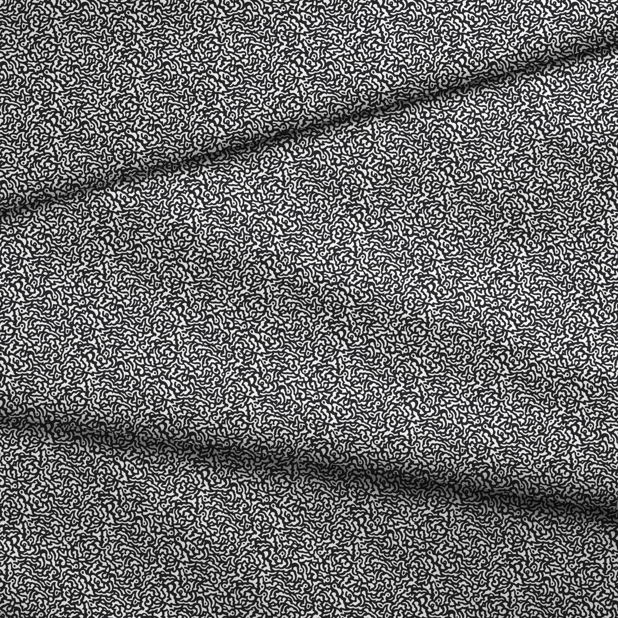 Abstract black and white pattern with swirling organic lines creating a dense maze-like design fabric fold mockup