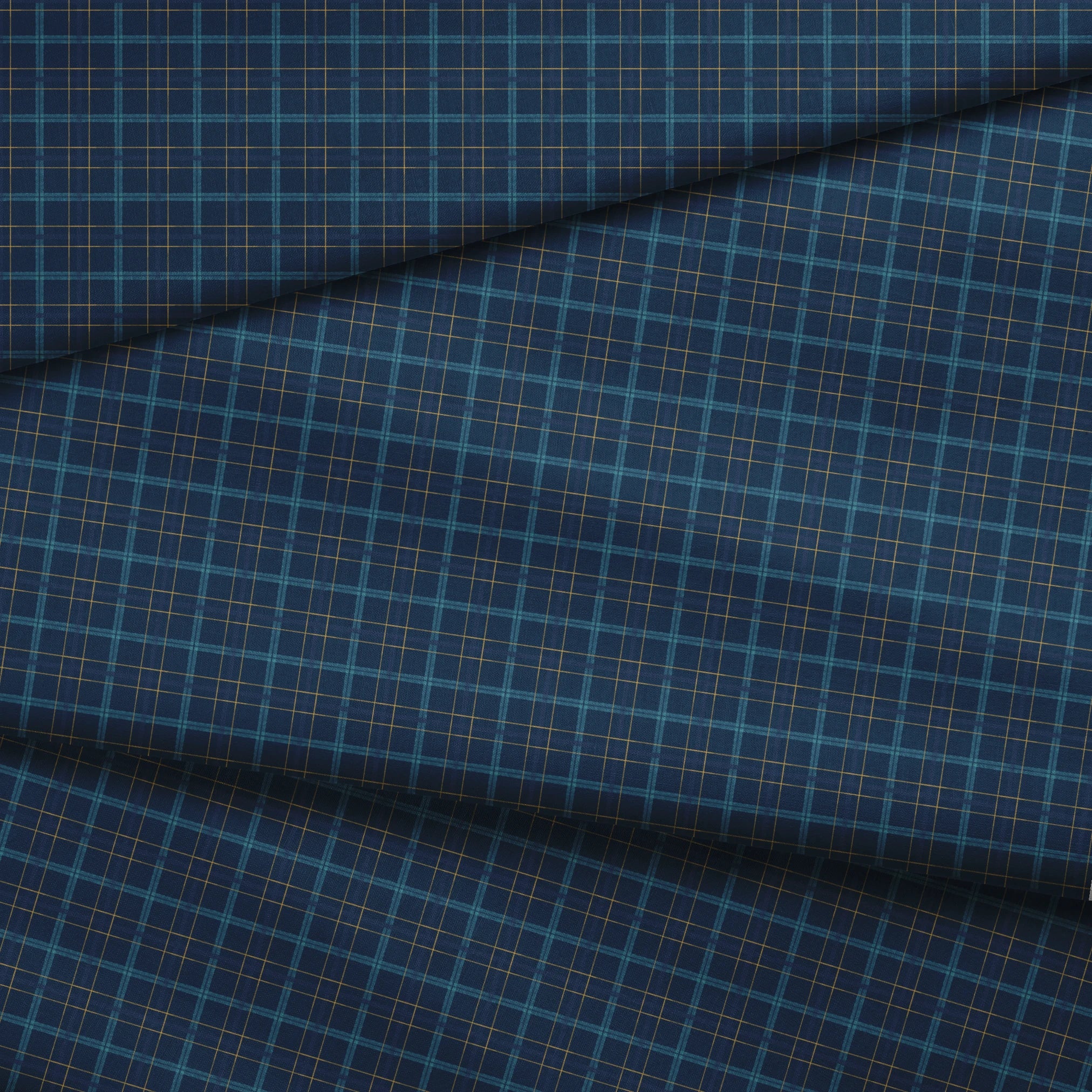 Painterly navy blue plaid with golden yellow and soft blue stripes by Nicole Tamarin, ideal for autumn sewing and decor. fabric fold mockup