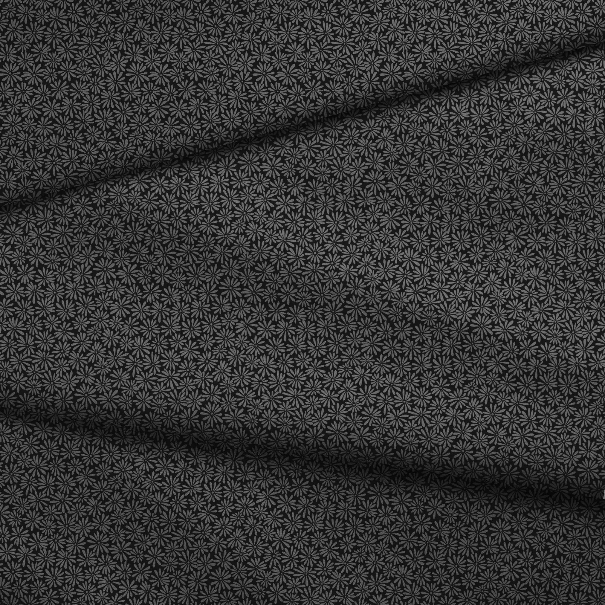 Tonal gray daisy ditsy floral fabric on a black background, designed by Nicole Tamarin – ideal for modern quilting and neutral sewing projects. fabric fold mockup