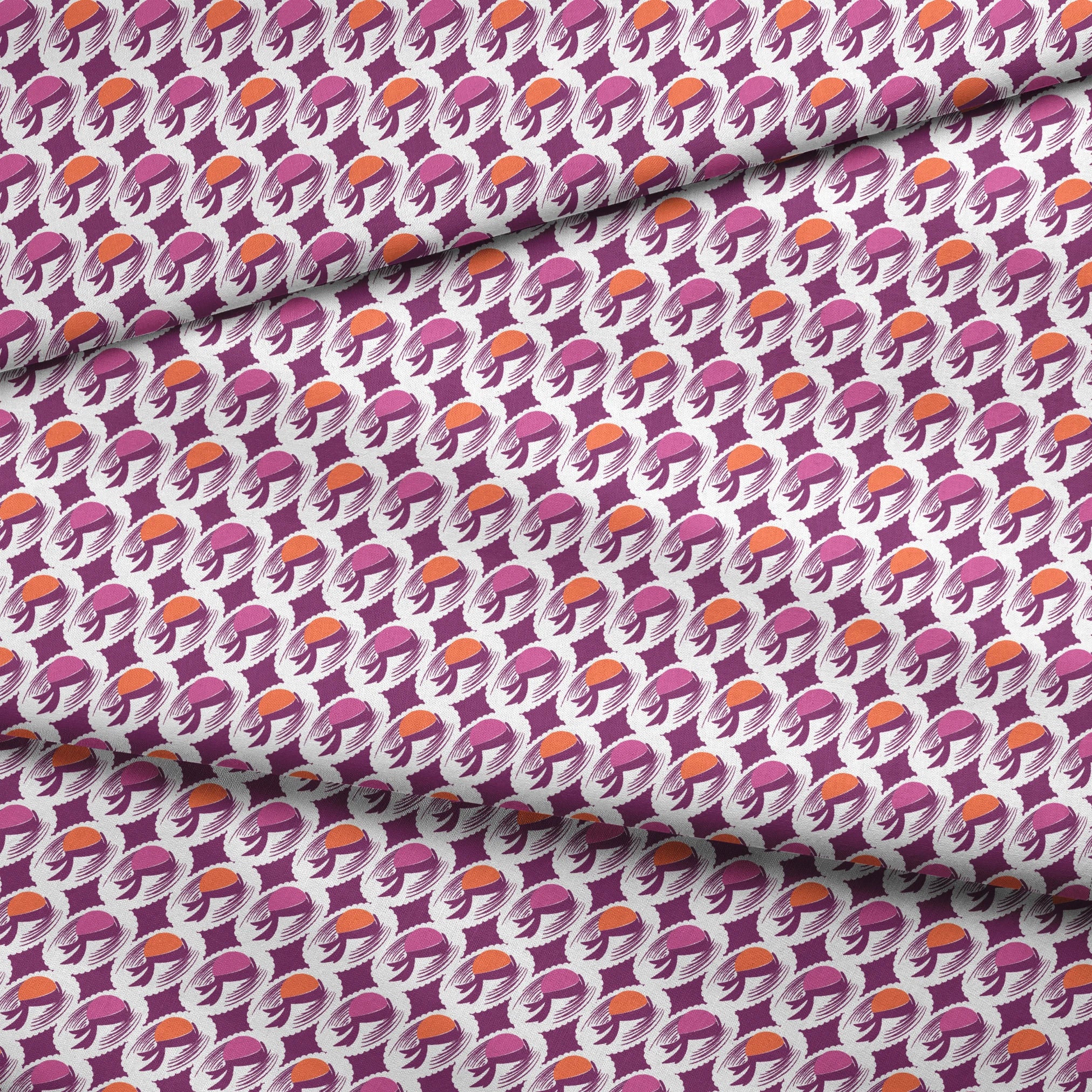 Abstract pattern with purple and orange oval shapes with flowing brush strokes on white background fabric fold mockup