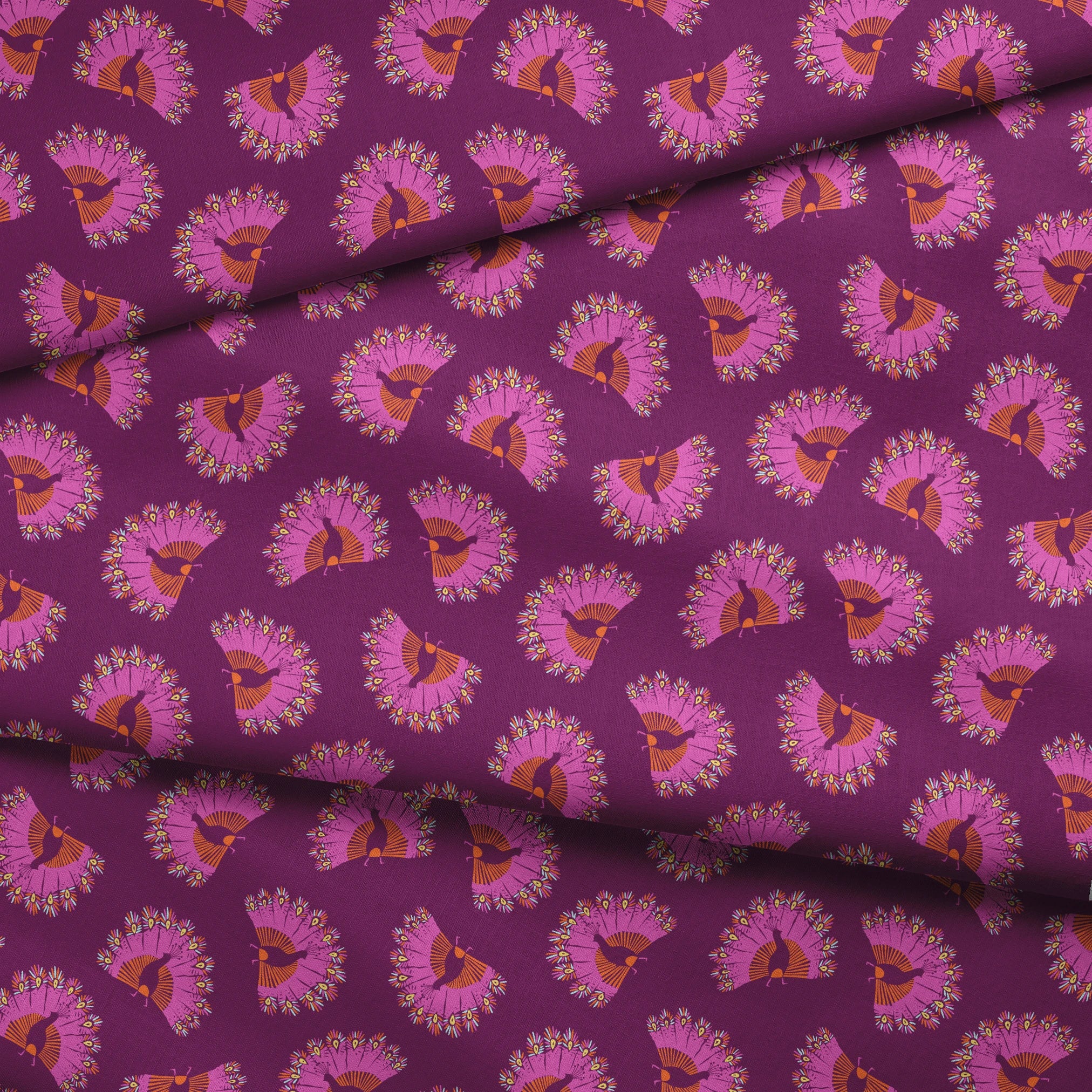 Decorative pattern with peacocks arranged in circular formations against a deep purple background fabric fold mockup