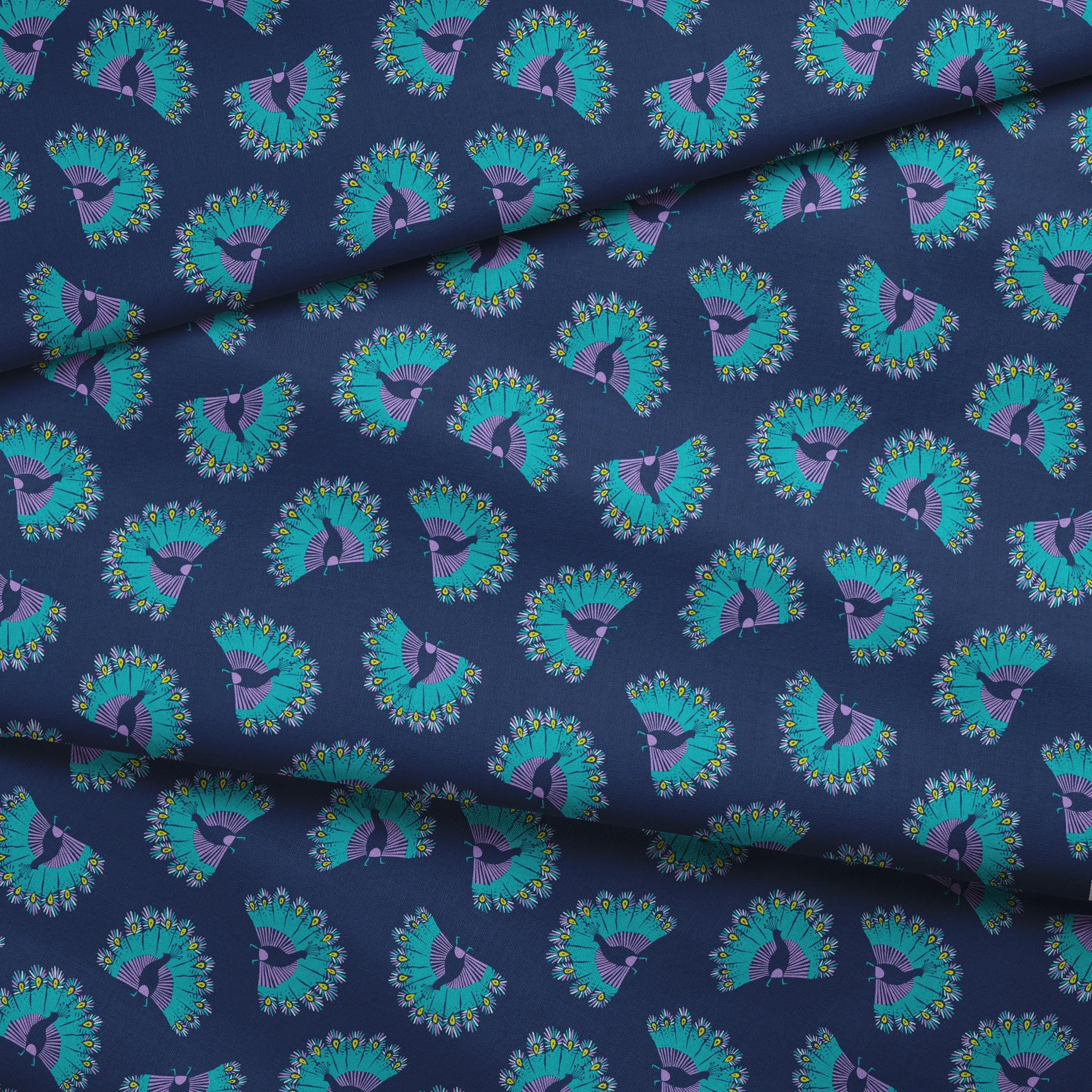 Vibrant peacock-inspired pattern with teal and purple fan shapes on blue background fabric fold mockup