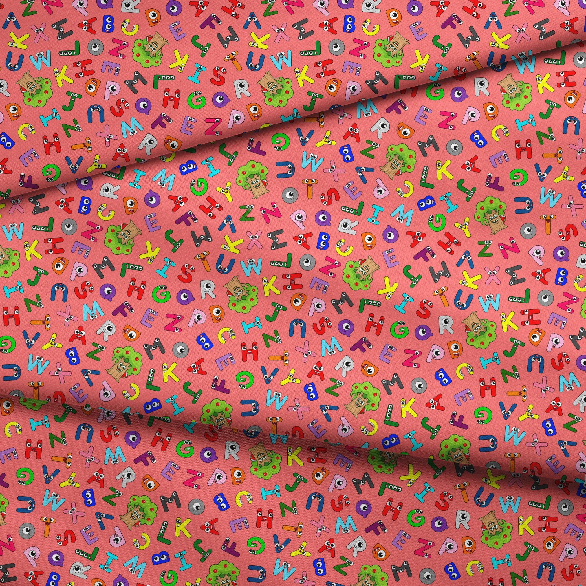 Colorful alphabet pattern with cartoon letter characters on bright pink background fabric fold mockup