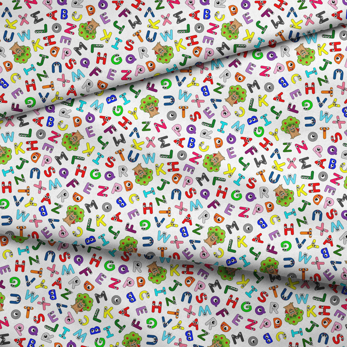Colorful cartoon alphabet letters scattered randomly on white background with small monster characters fabric fold mockup