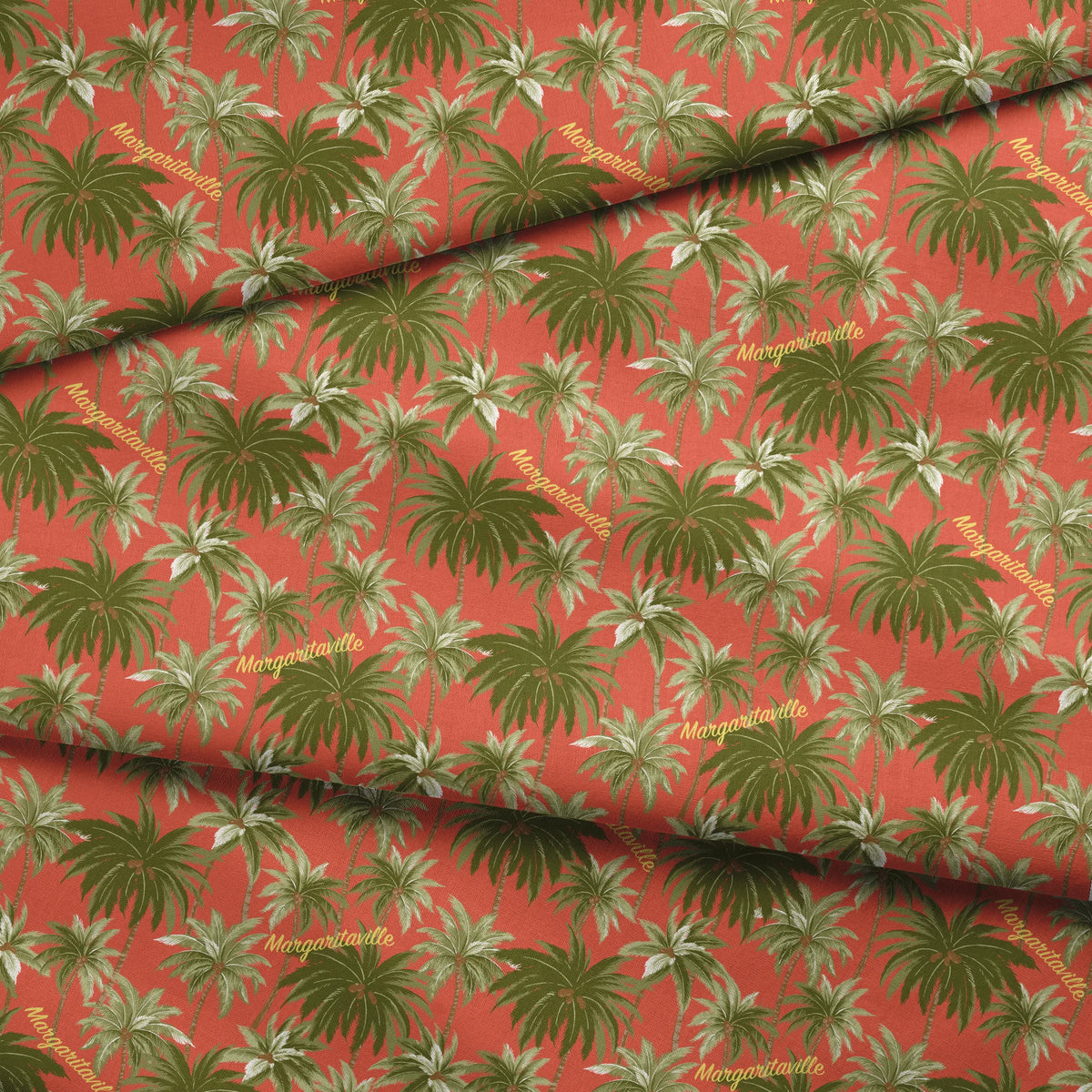 Tropical palm tree pattern on coral background with "Margaritaville" text in gold lettering