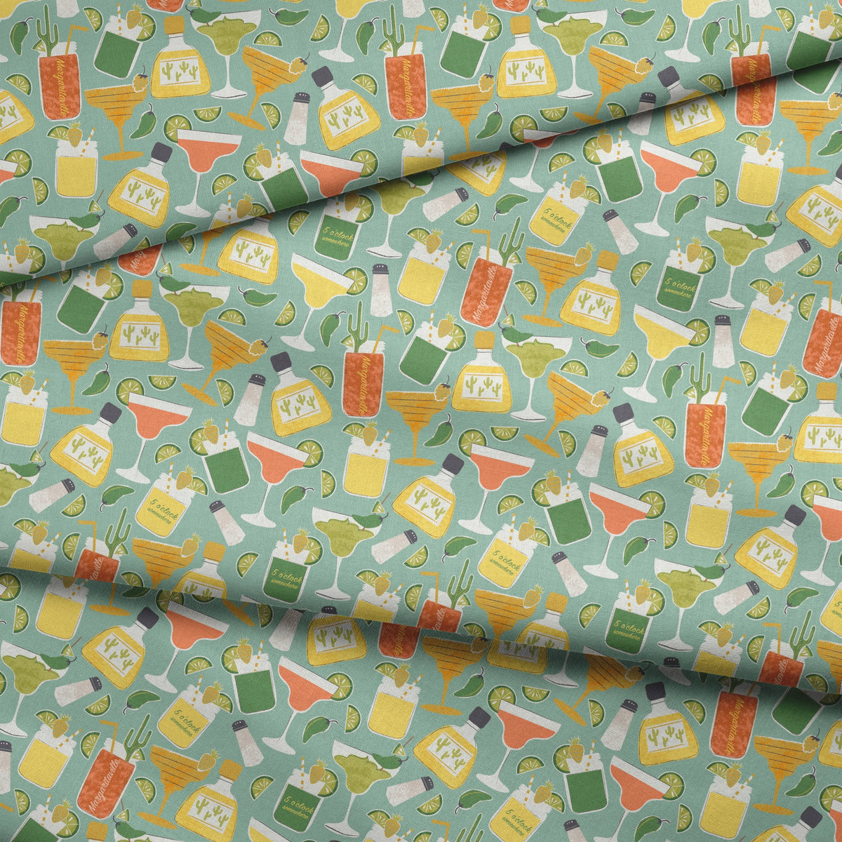 Colorful Margaritaville cocktail pattern with drinks, bottles, glasses, and lime slices on teal background