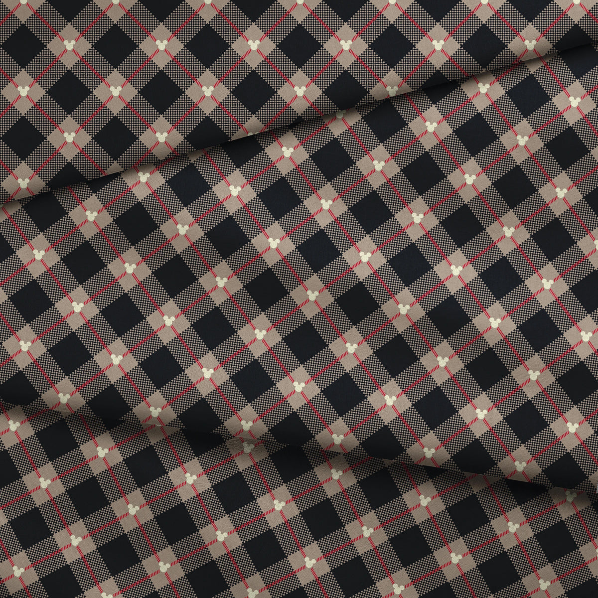 Diagonal plaid pattern with navy, beige, red stripes, checkered sections and small white circular details fabric fold mockup