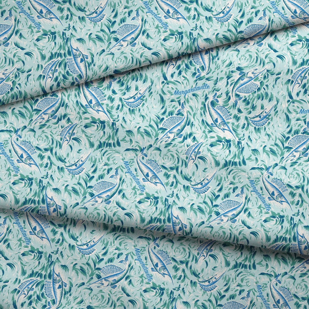 Abstract Margaritaville marbled pattern in teal, blue and white with swirling floral motifs and delicate wave-like designs