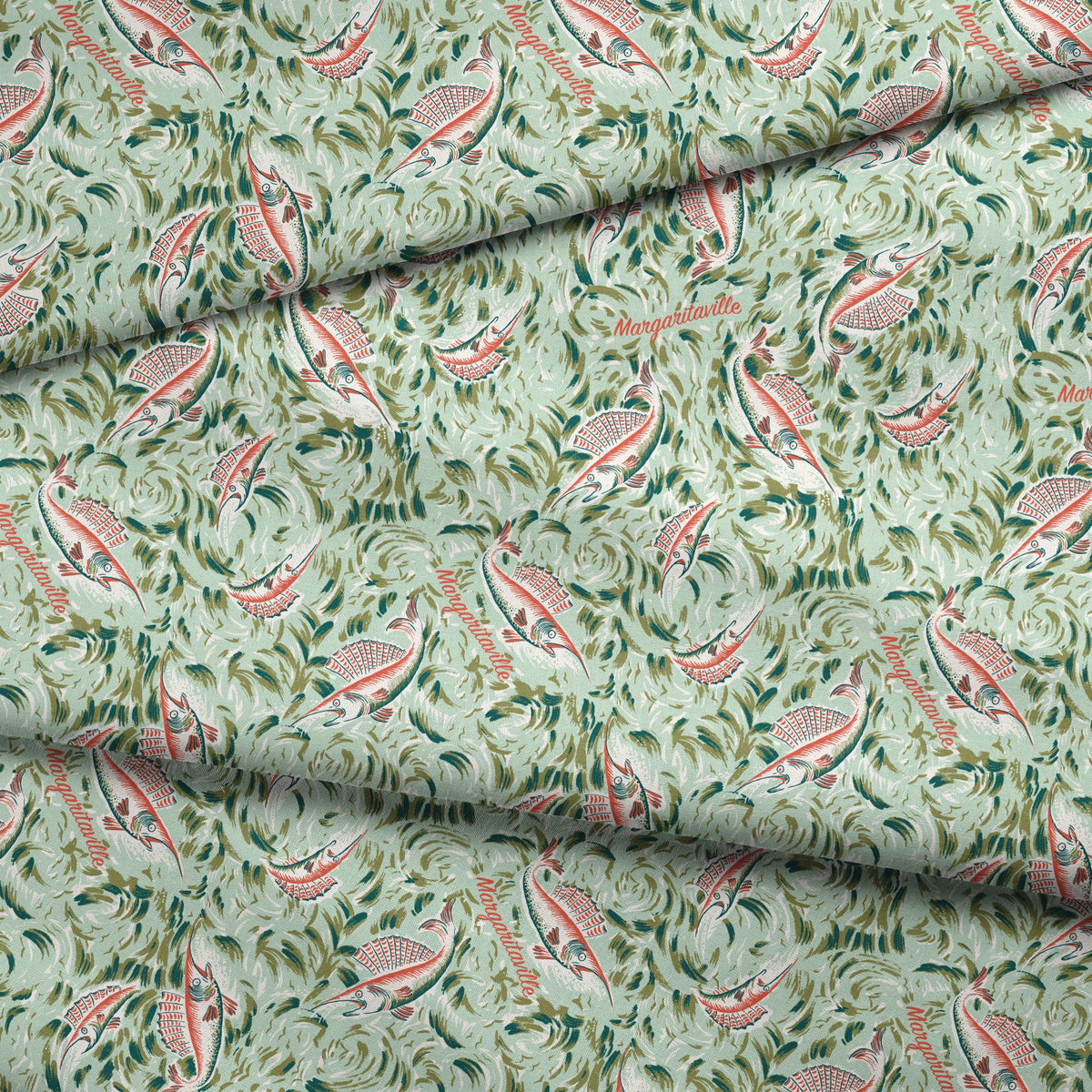 Ornate abstract tropical fish pattern with swirling leaves in vintage Florida style