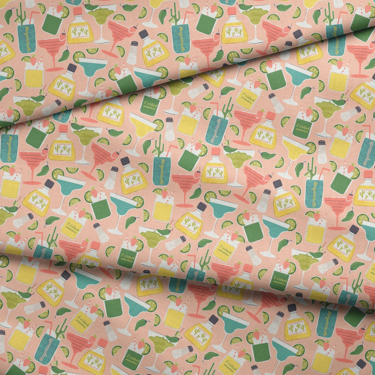 Colorful Margaritaville cocktail pattern with margaritas, tequila bottles, lime slices, and salt shakers on pink background