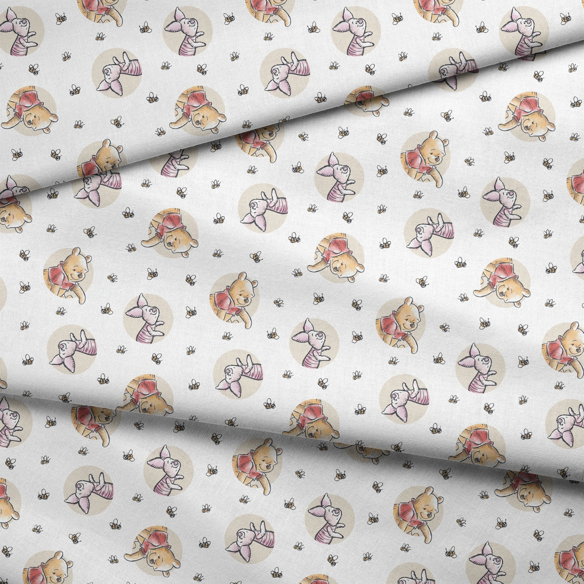 Cute cartoon Winnie the Pooh and Piglet pattern with circular vignettes and buzzing bees fabric fold mockup