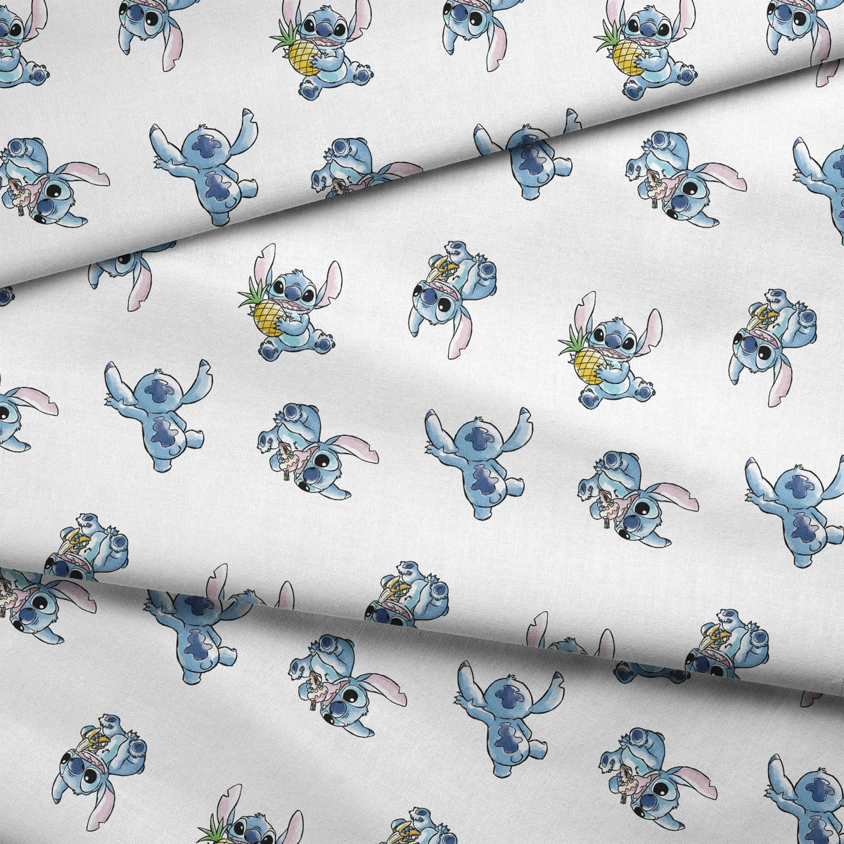 Disney's Stitch in various playful poses, some holding pineapples, on white background fabric fold mockup