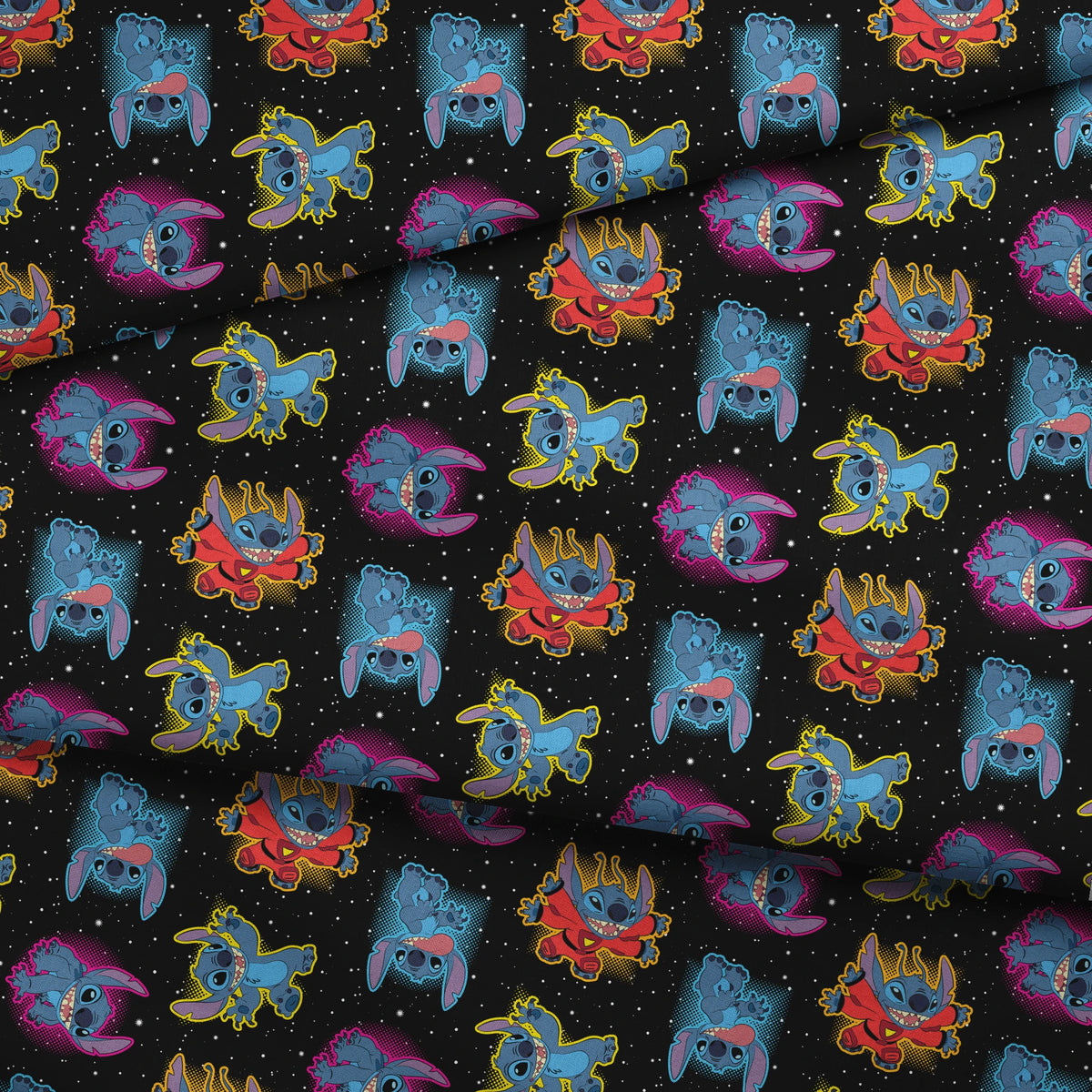 Colorful Stitch with pink accents on black starry background pattern fabric fold mockup