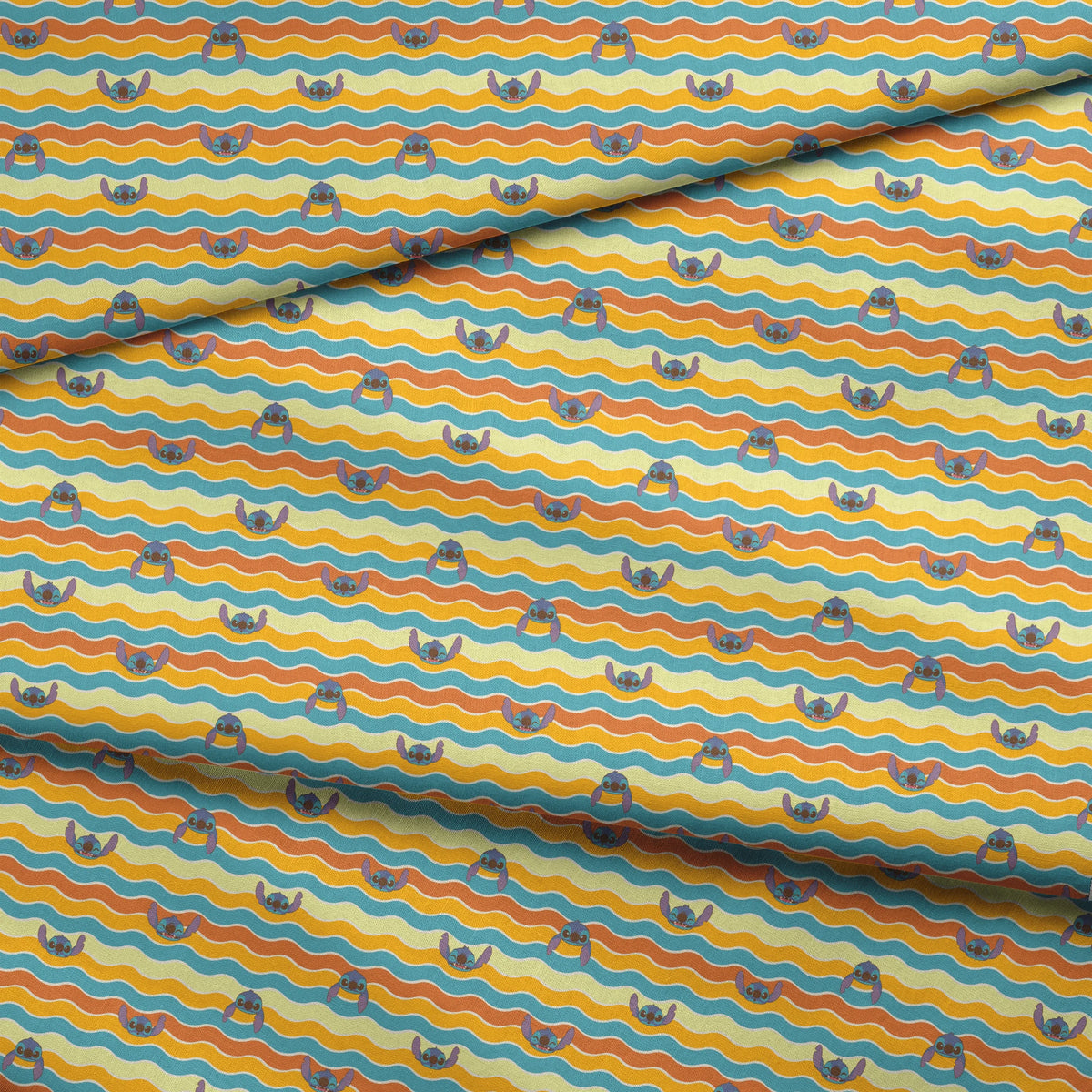 Colorful wavy striped pattern with Stitch peeking between orange, yellow, and teal waves fabric fold mockup