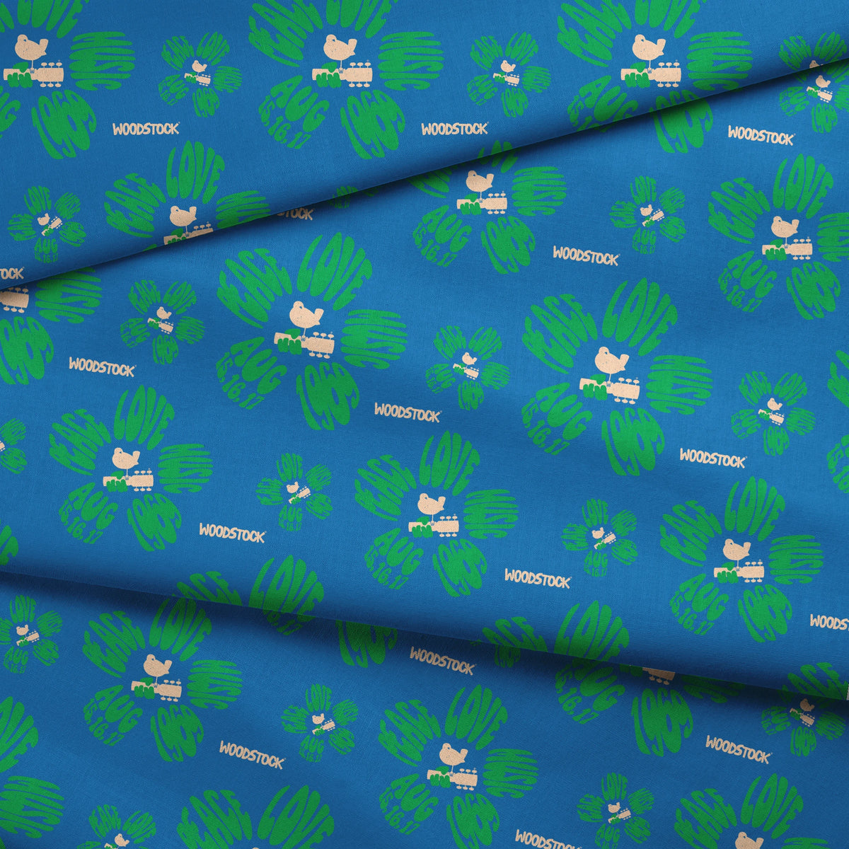 Woodstock Peace, Love, Music Florals on Blue Fabric