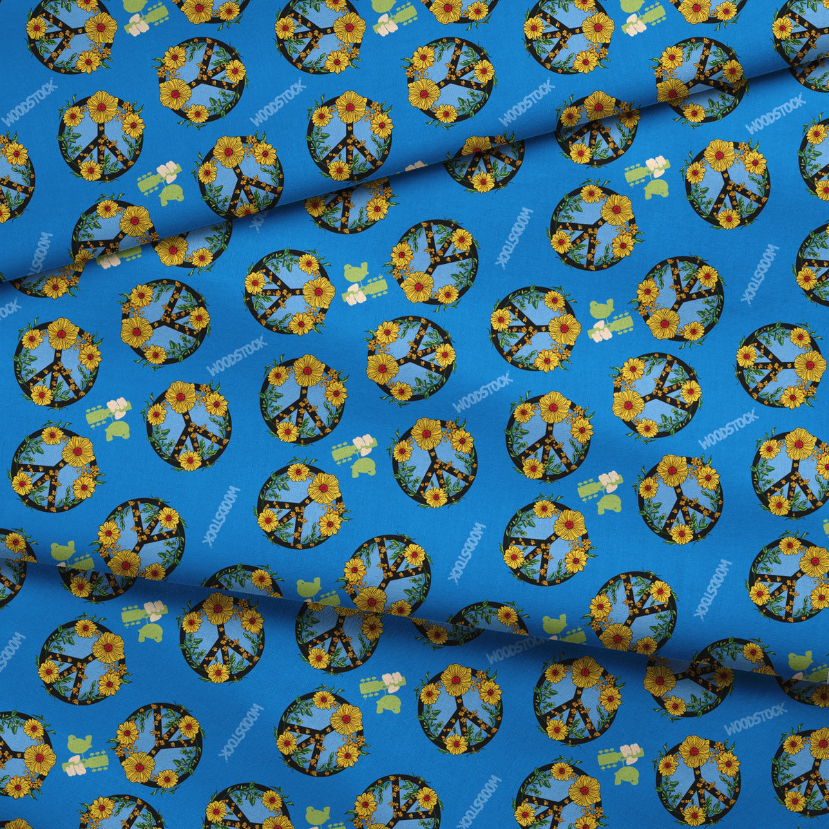 Woodstock Floral Peace Signs on Blue Fabric