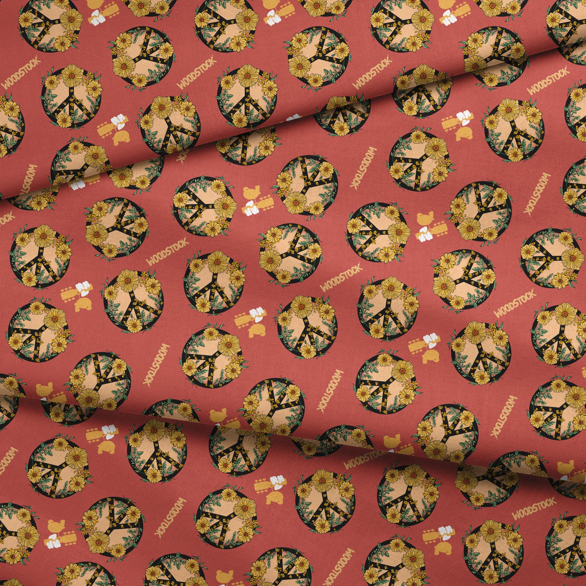 Woodstock Floral Peace Signs on Rust Fabric