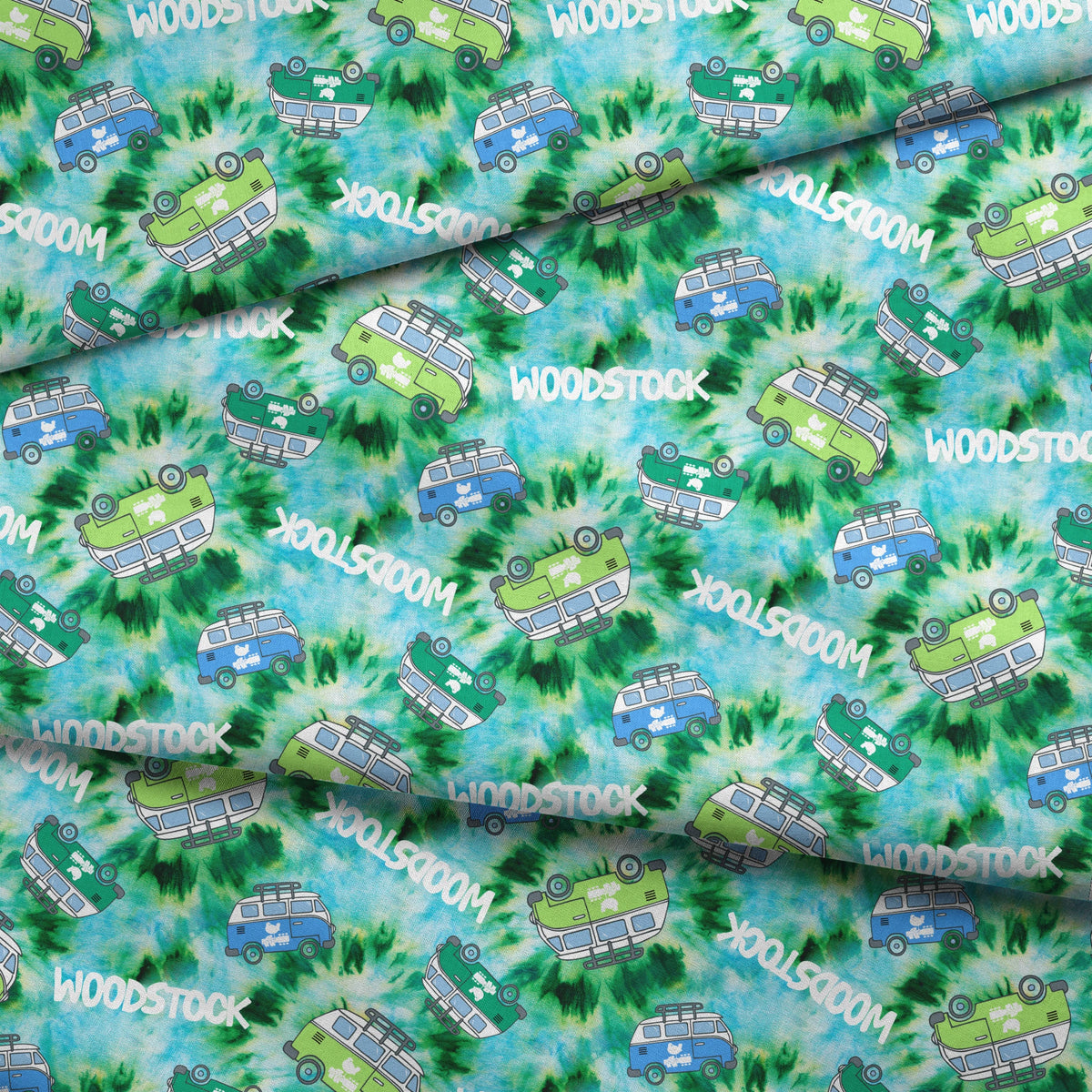 Woodstock Tie-dye Van on Green Fabric