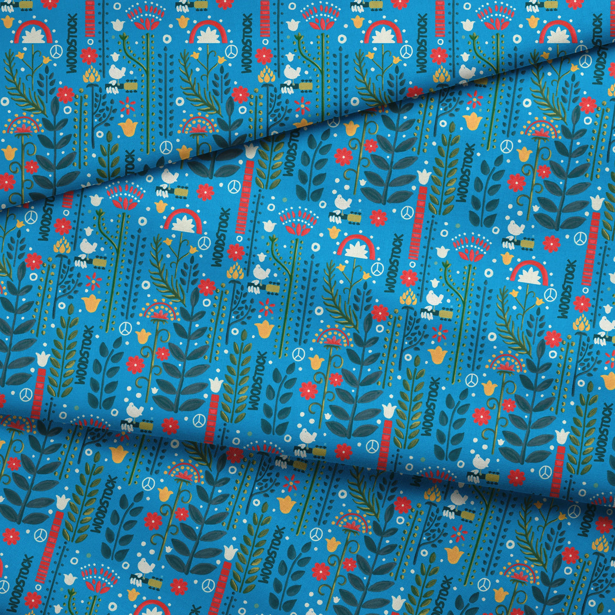 Woodstock Retro Greenery on Blue Fabric