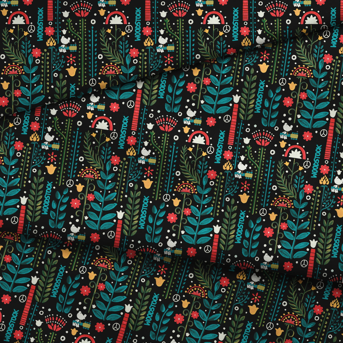 Woodstock Retro Greenery on Black Fabric