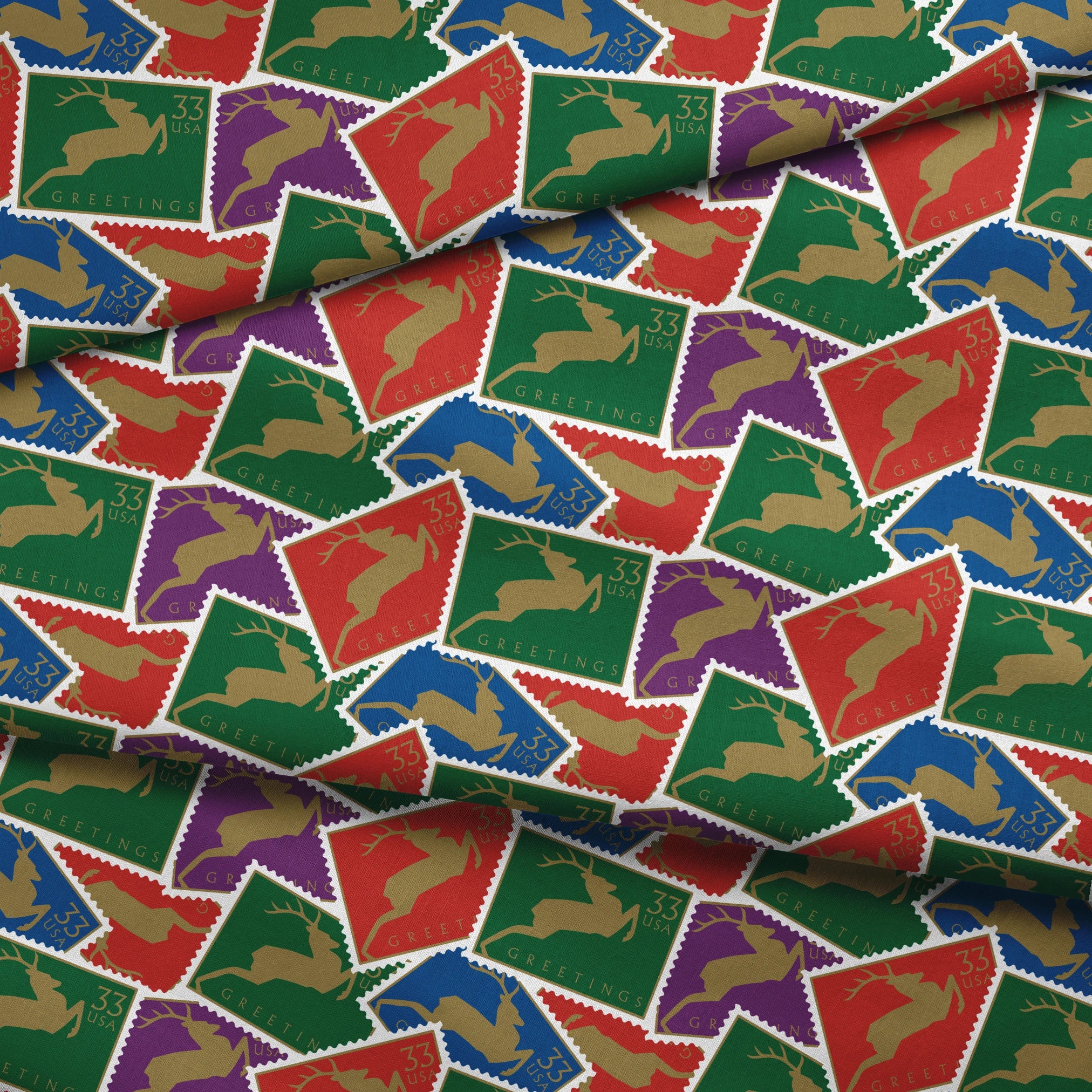 USPS Golden Deer Stamp Collage Fabric