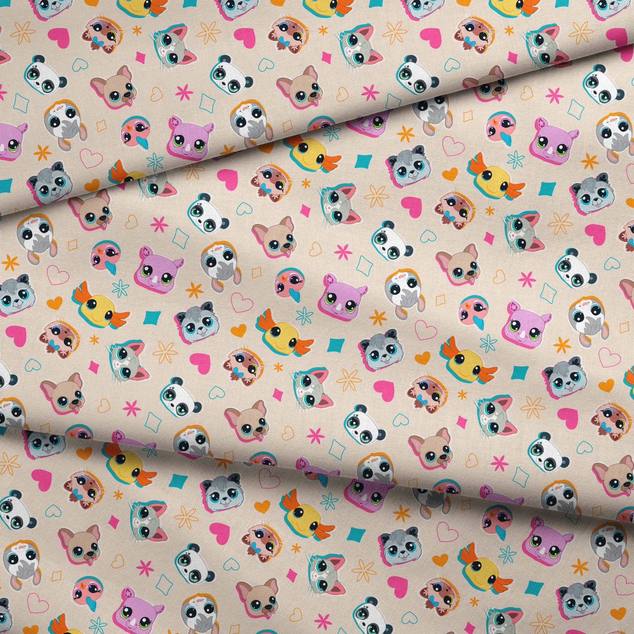 Hasbro Littliest Pet Shop Shapes and Faces on Beige Fabric