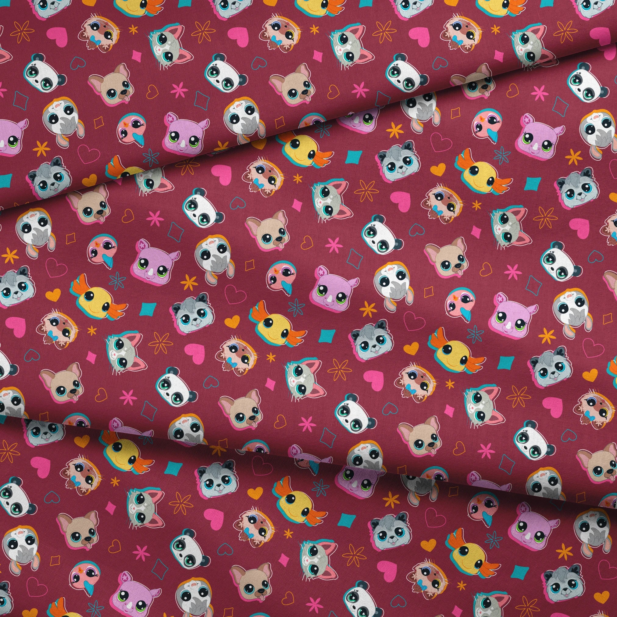 Hasbro Littliest Pet Shop Shapes and Faces on Burgundy Fabric