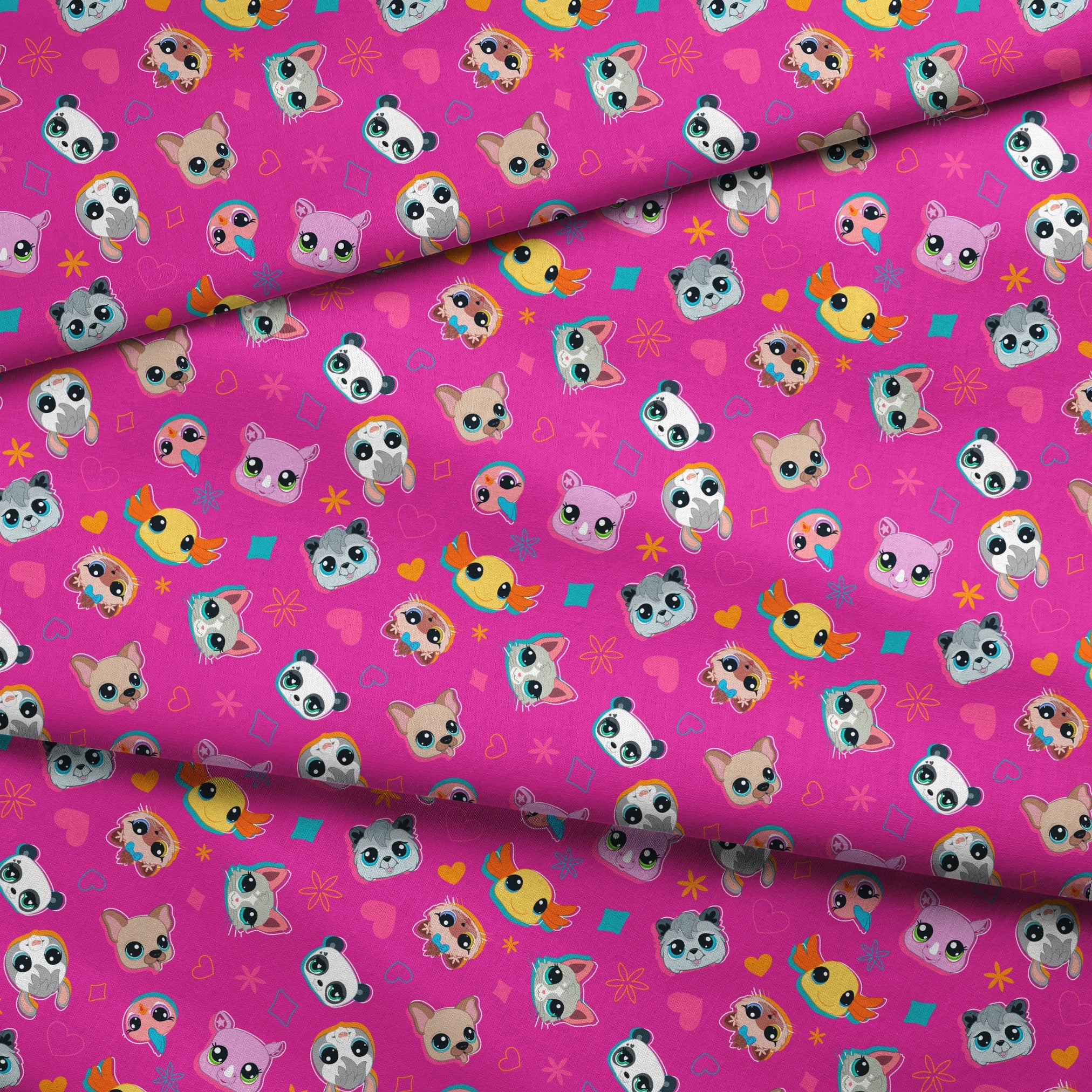 Hasbro Littliest Pet Shop Shapes and Faces on Hot Pink Fabric