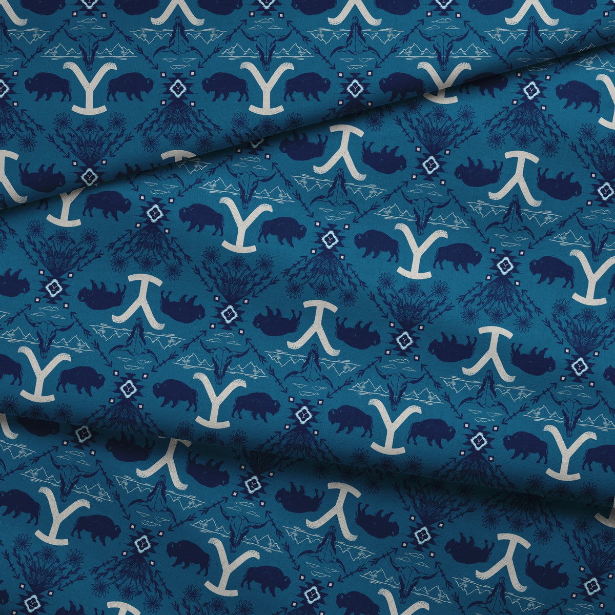 Paramount Yellowstone Bison Argyle on Blue Fabric