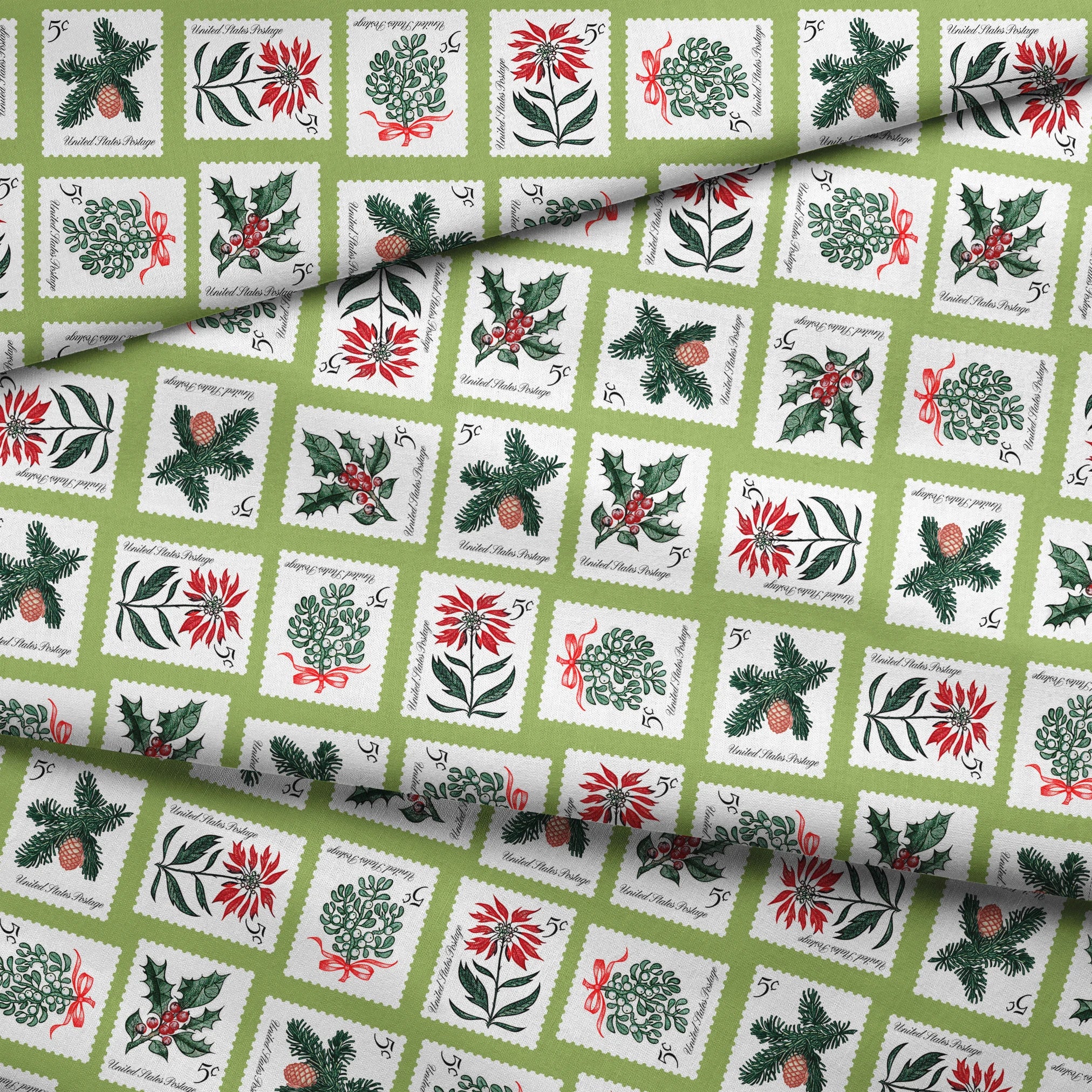 USPS Holiday Botanicals Stamp Collage on Green Fabric