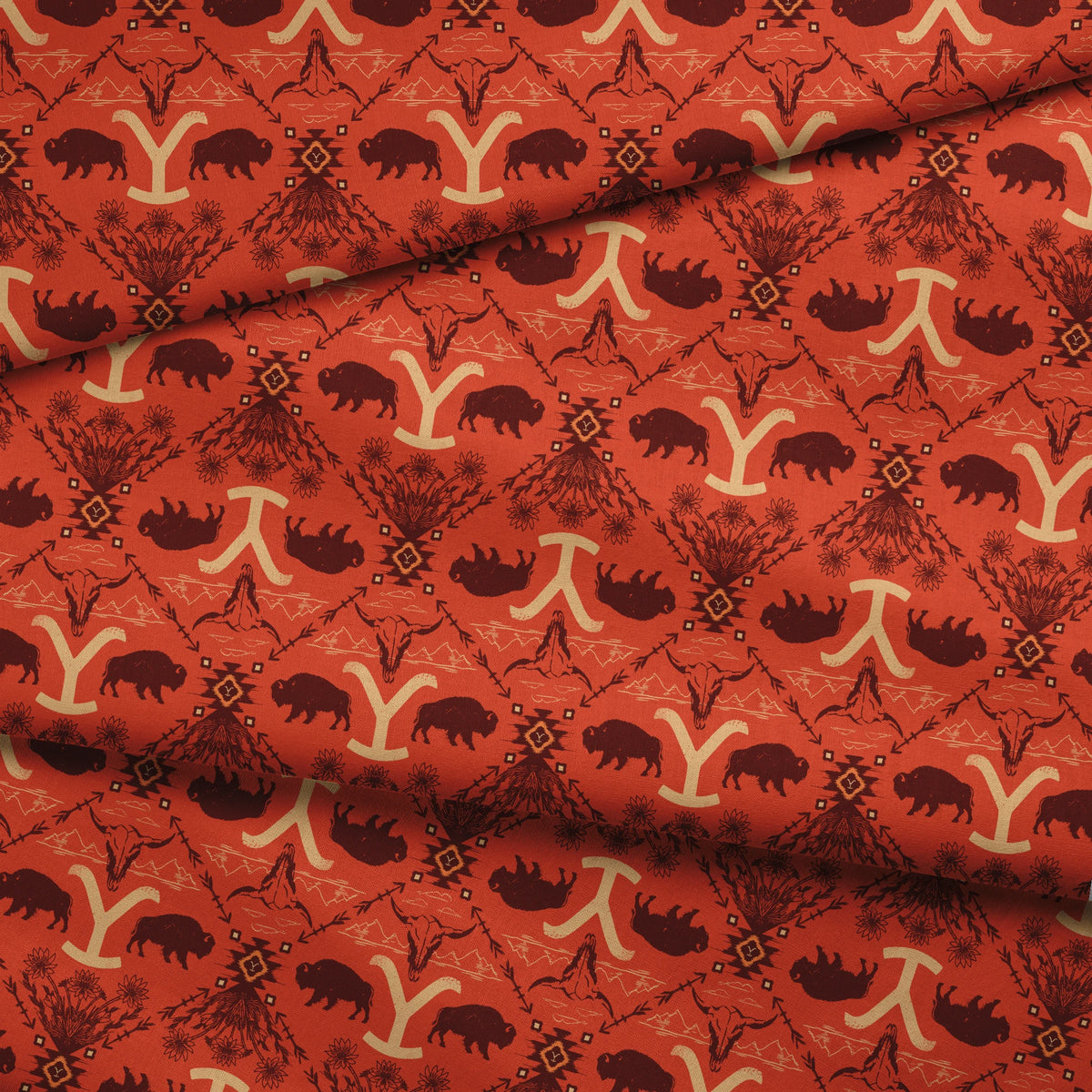 Paramount Yellowstone Bison Argyle on Burnt Orange Fabric