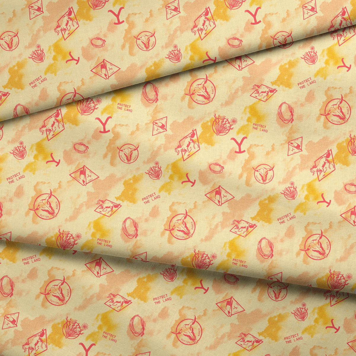 Paramount Yellowstone Icons in the Clouds on Sunset Yellow Fabric