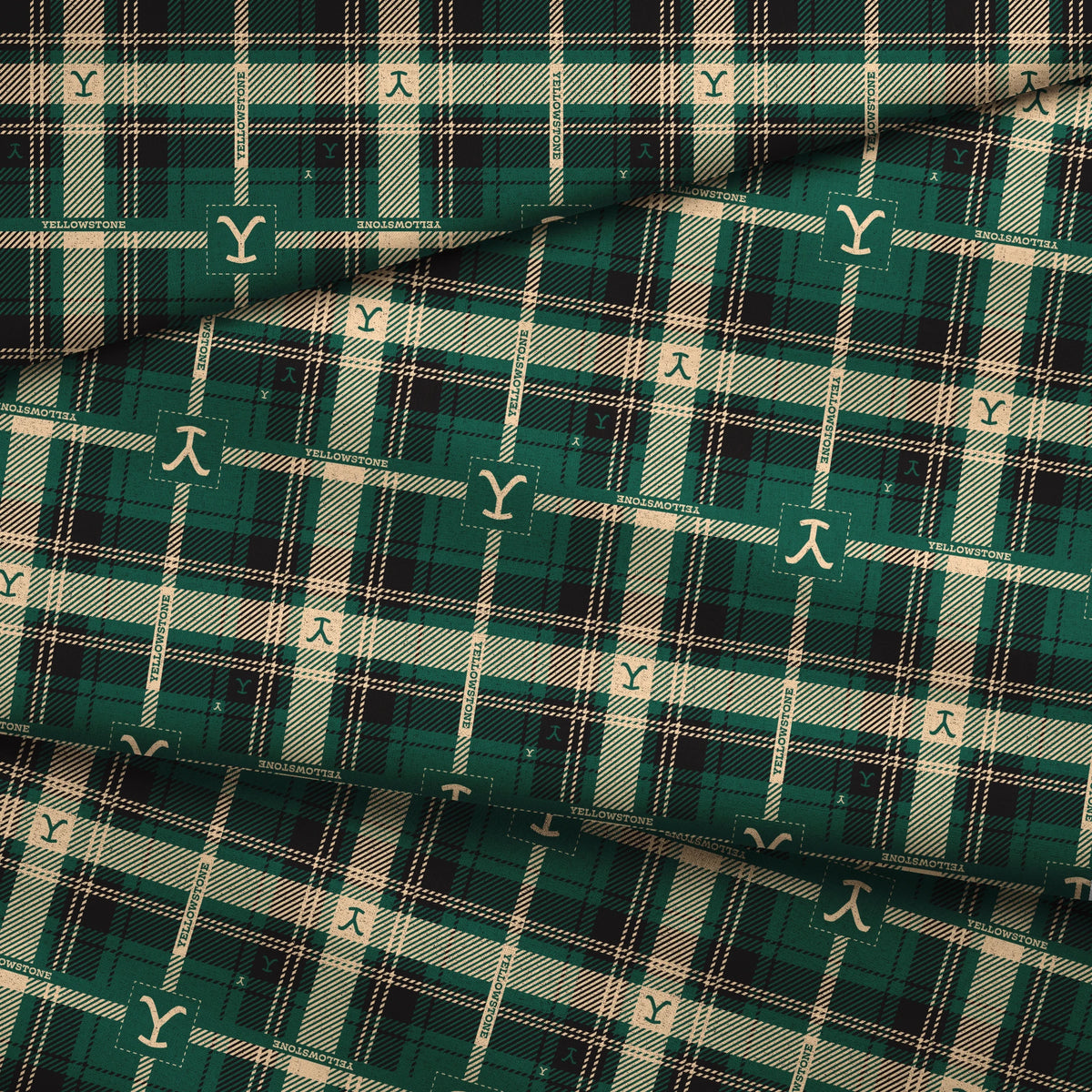 Paramount Yellowstone Rustic Plaid on Green Fabric