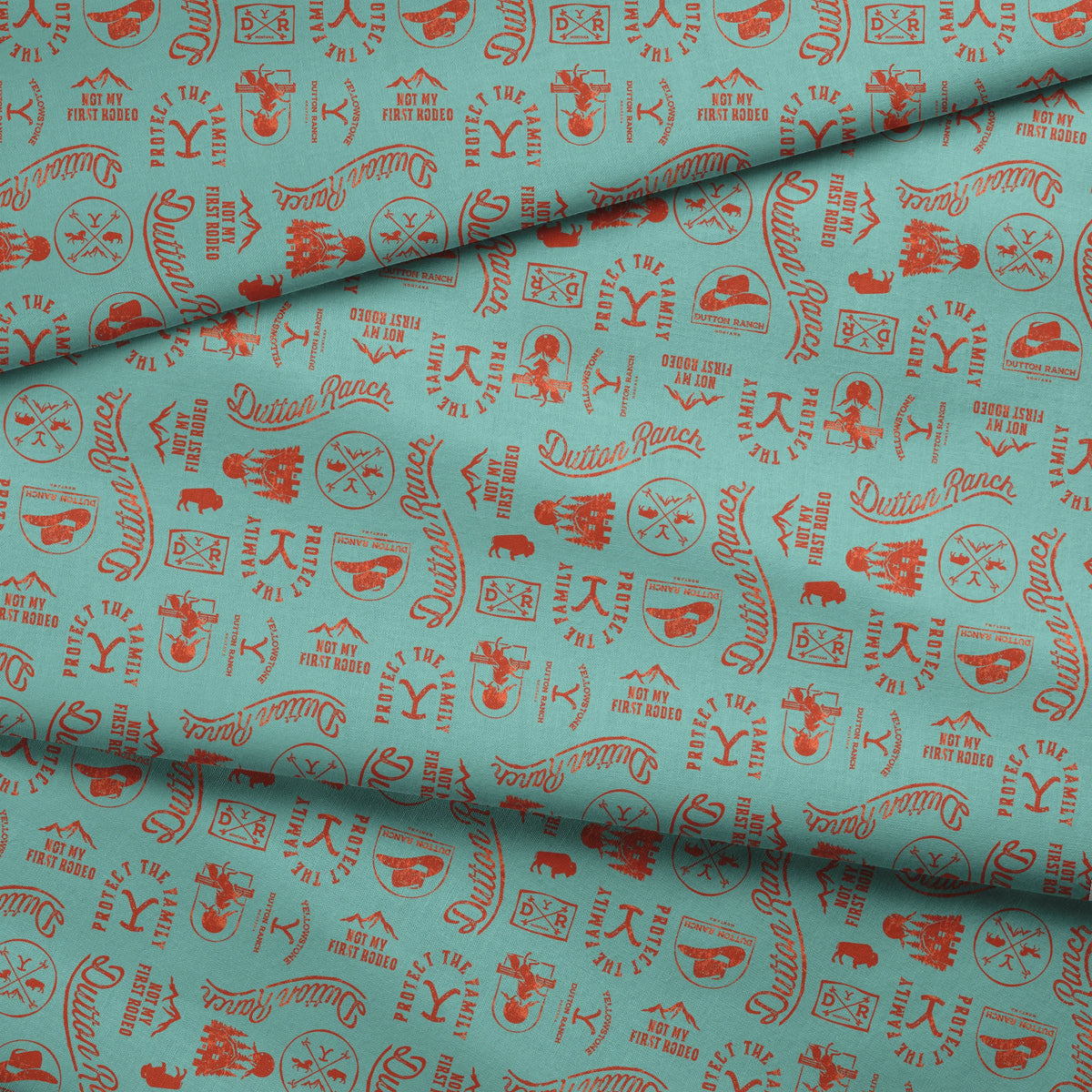 Paramount Yellowstone Dutton Ranch Icons on Aqua Fabric