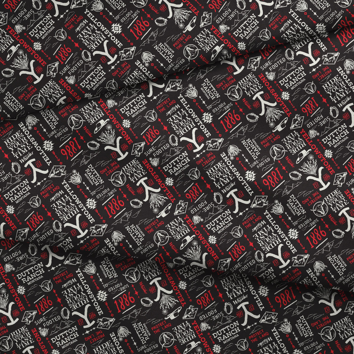 Paramount Yellowstone Verbiage Collage on Black Fabric