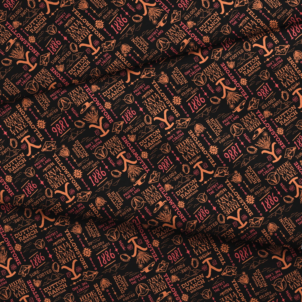 Paramount Yellowstone Verbiage Collage on Sunset Fabric