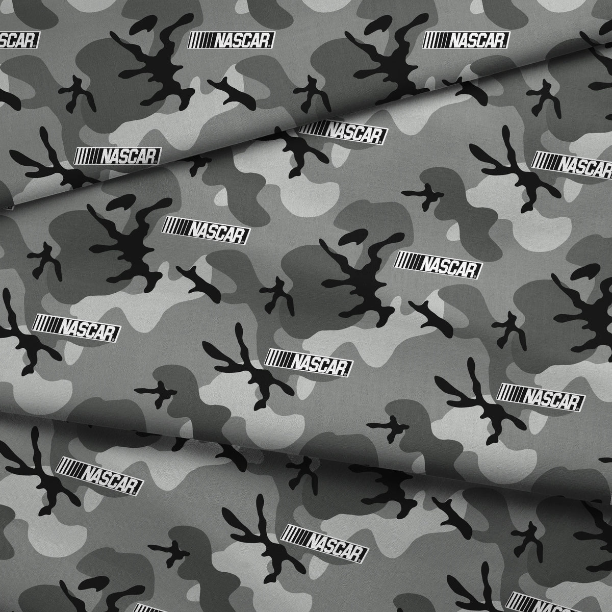 NASCAR® Retro Logo and Camo Toss on Grey Fabric