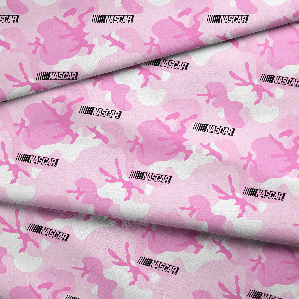 NASCAR® Retro Logo and Camo Toss on Pink Fabric