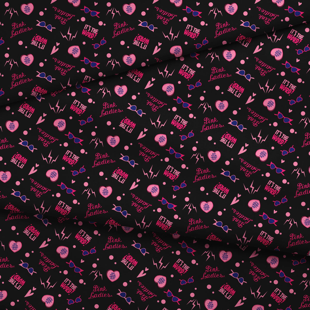Paramount Grease  Retro Pink Ladies Icons on Black Fabric