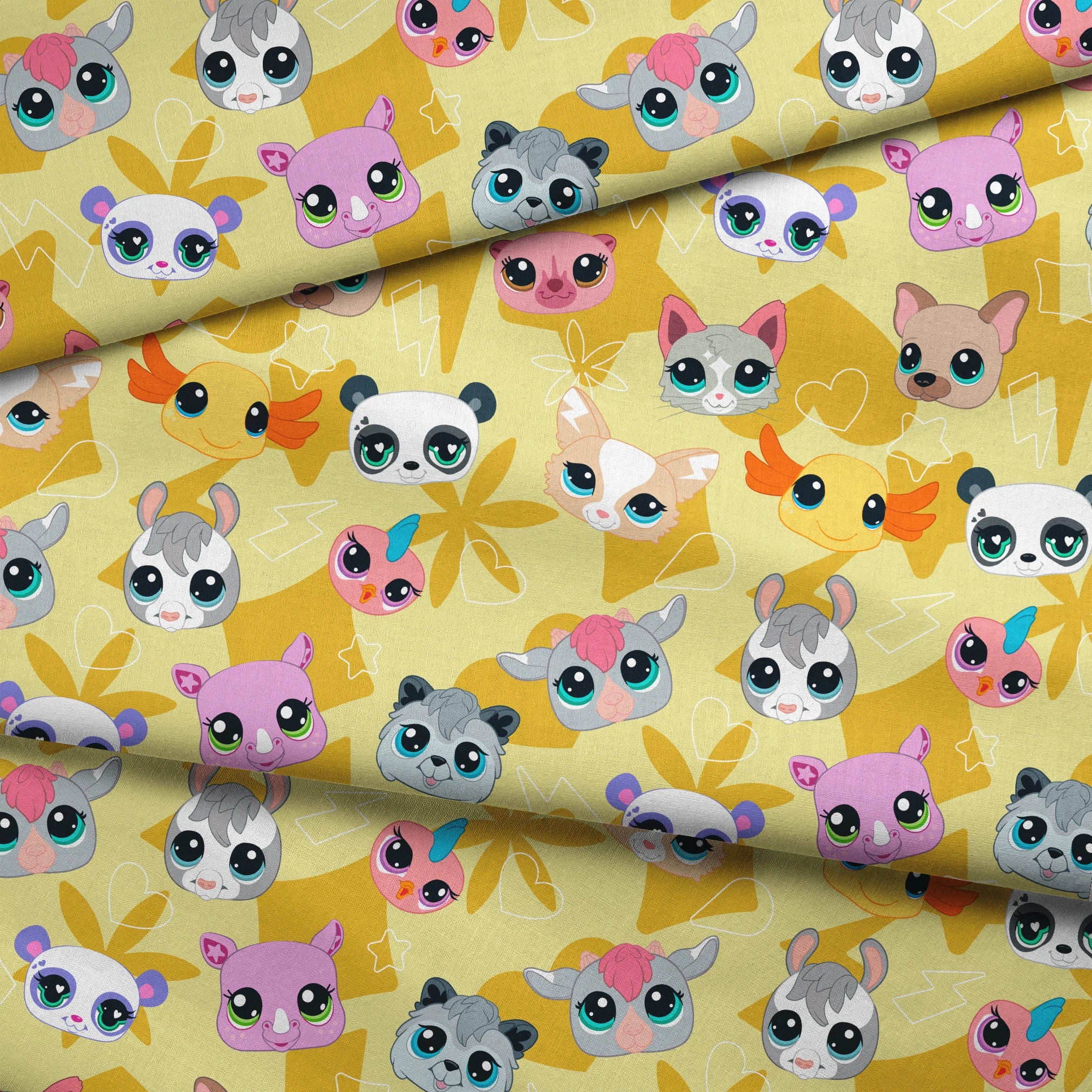 Hasbro Littliest Pet Shop Cute Faces Toss on Yellow Fabric