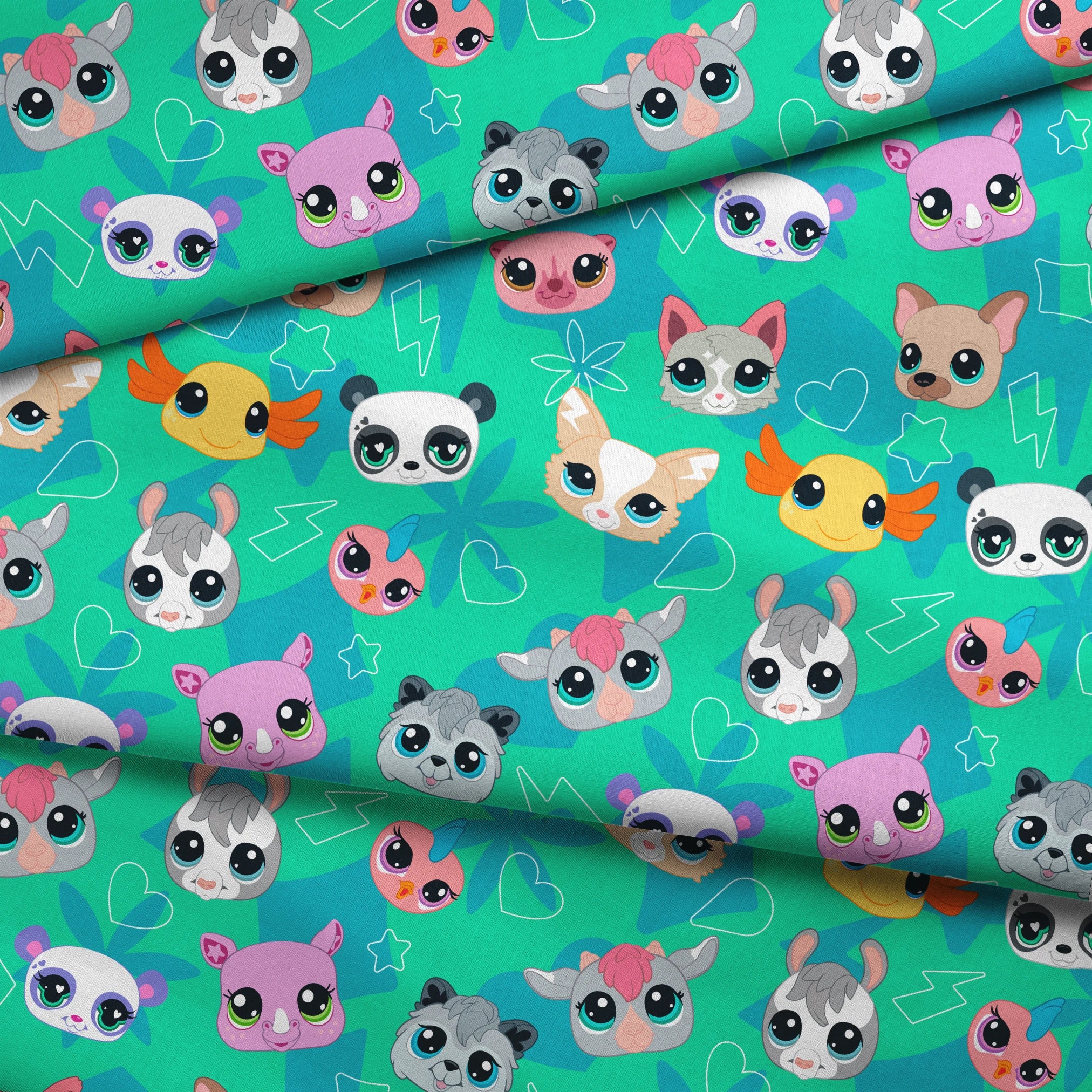 Hasbro Littliest Pet Shop Cute Faces Toss on Seafoam Green Fabric