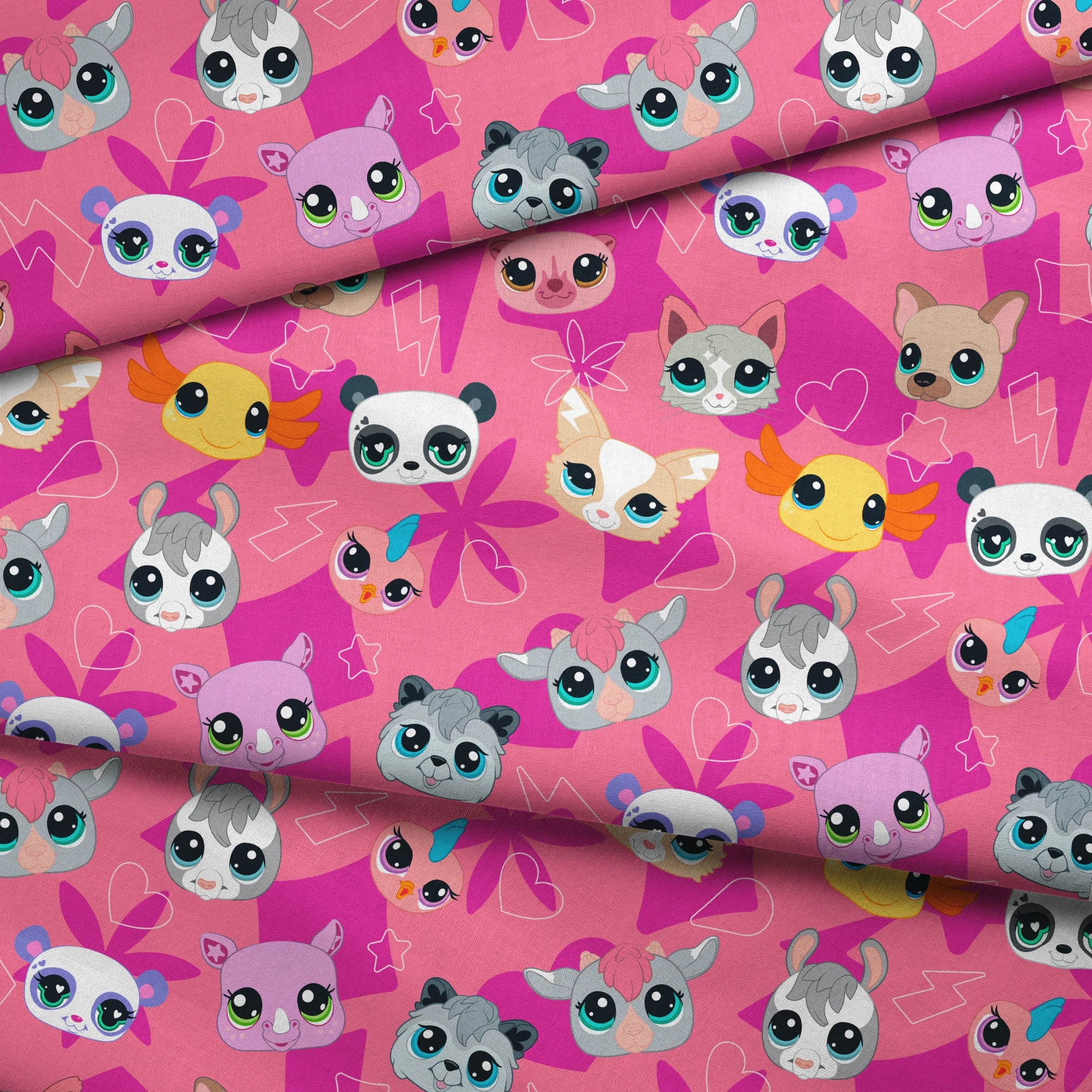 Hasbro Littliest Pet Shop Cute Faces Toss on Pink Fabric