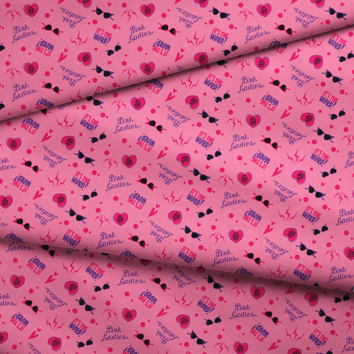 Paramount Grease  Retro Pink Ladies Icons on Pink Fabric