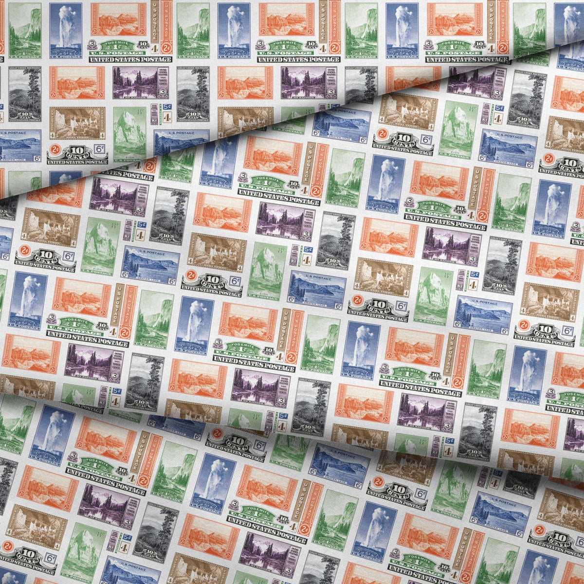 USPS National Park Stamps on White Fabric