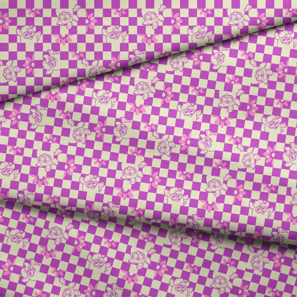 Hasbro Furby Checkered Flowers on Purple Fabric