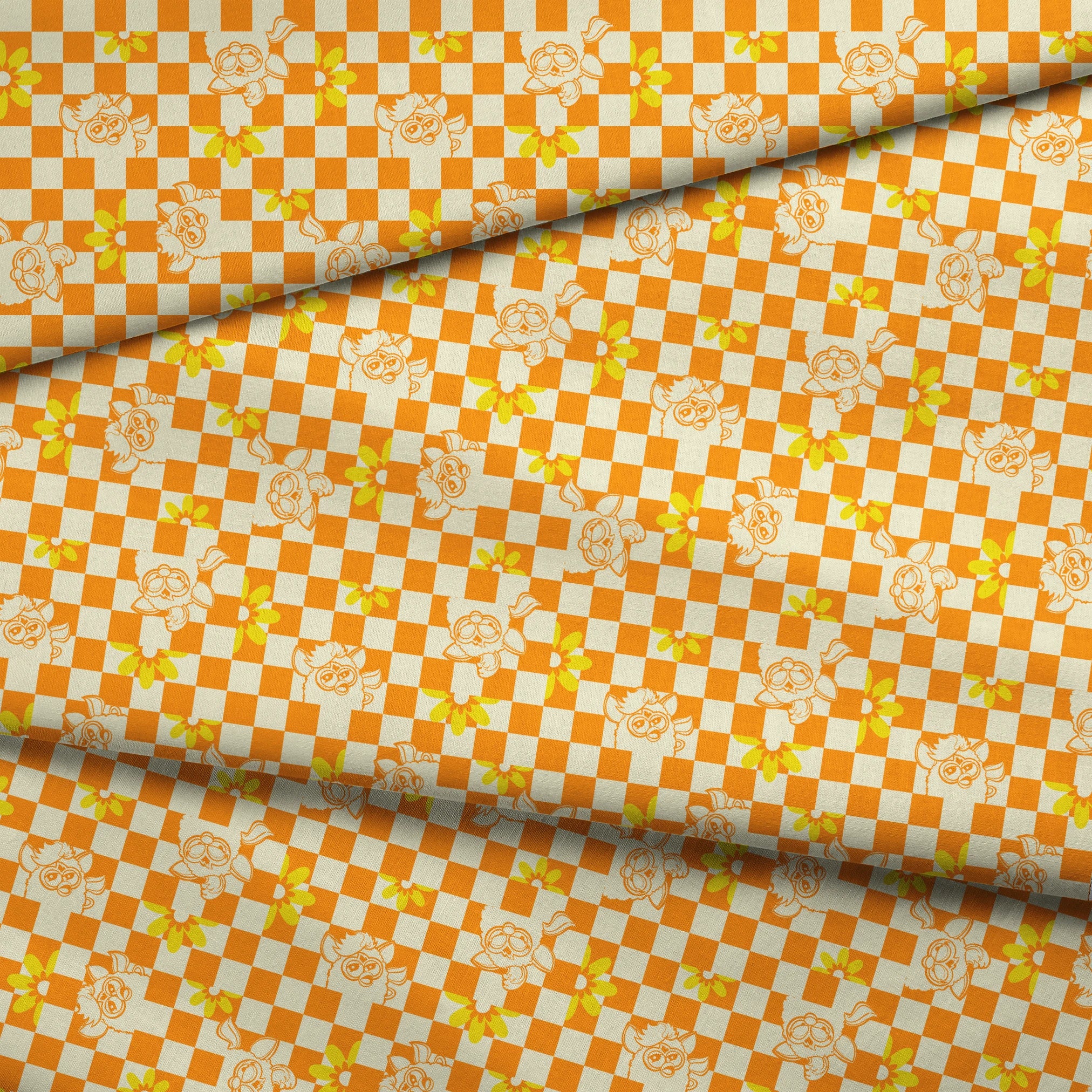 Hasbro Furby Checkered Flowers on Orange Fabric