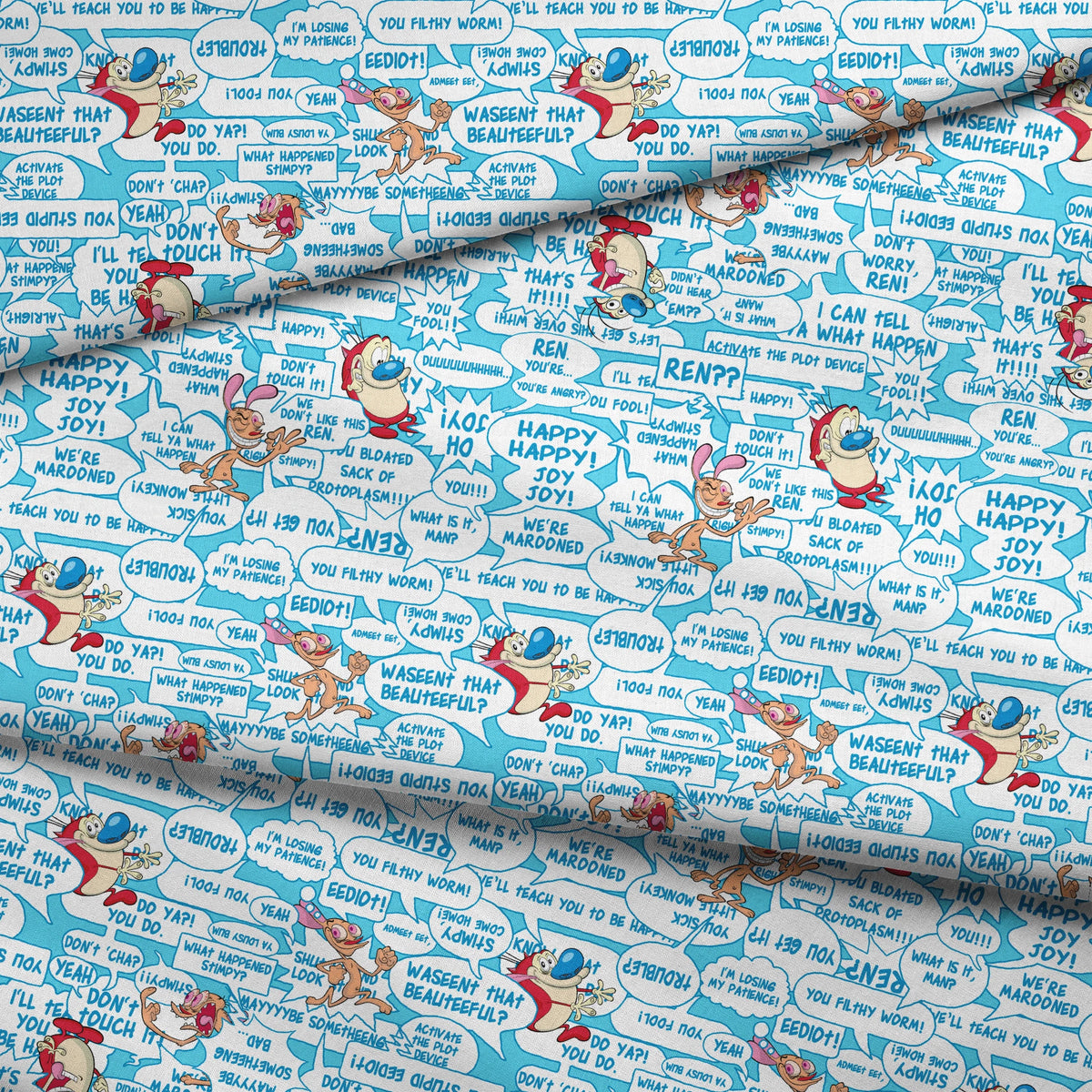 Ren & Stimpy Word Blurbs on Blue Fabric
