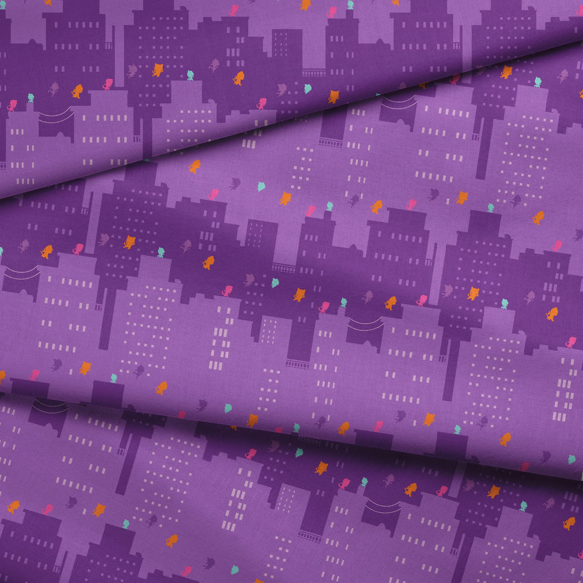 Disney Jr's. SuperKitties Super Skyline on Purple Fabric